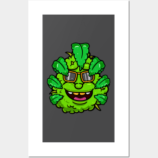 Weed Bud Cartoon With Glass and Covered in Cannabis Leaves. Posters and Art